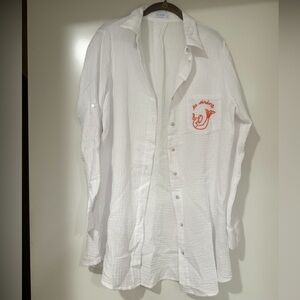 👙 NWOT 4Our Dreamers White Button-Front Swim Coverup with Pocket Embroidery